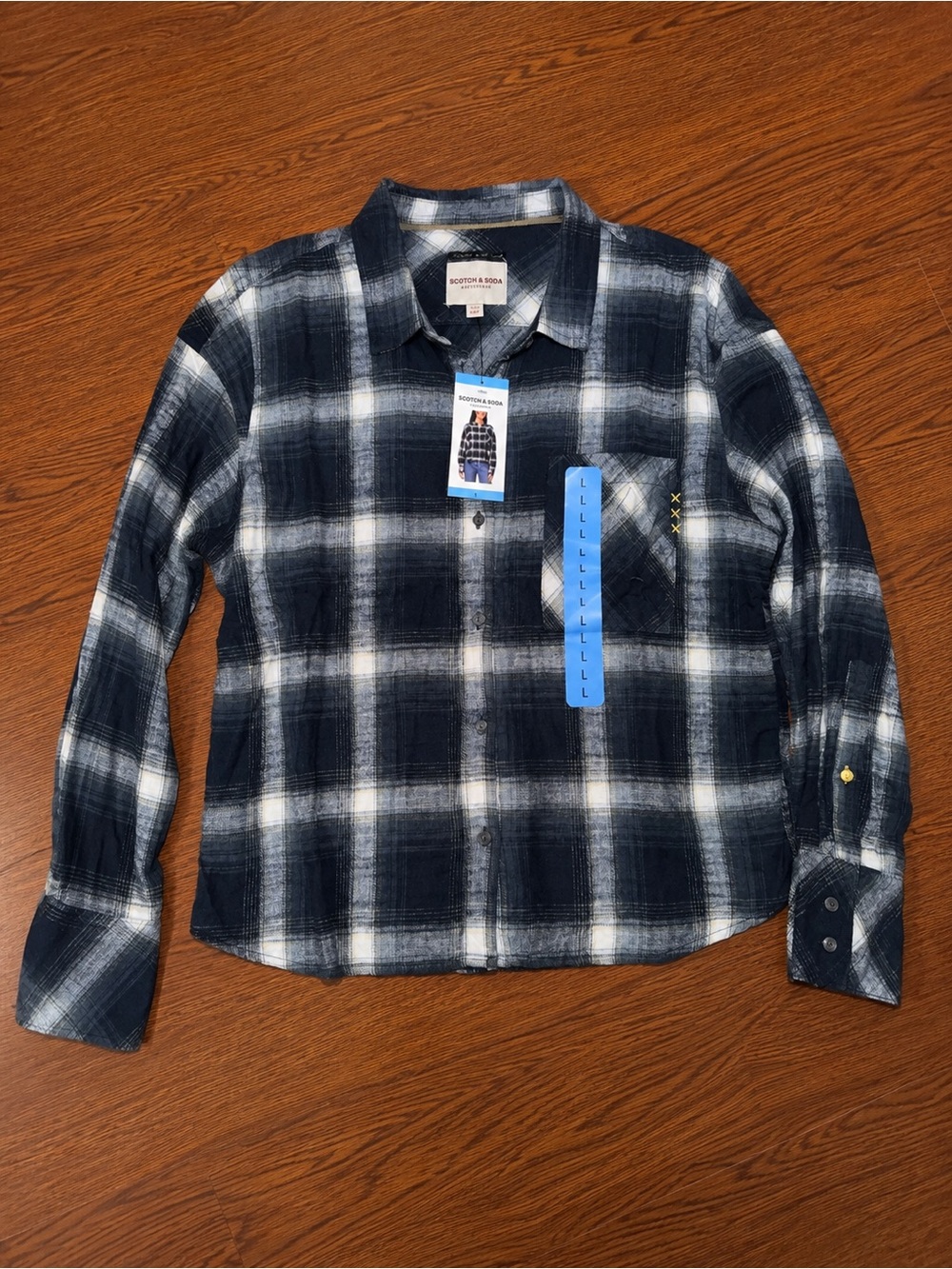 Scotch & Soda Navy and White Plaid Button-Down Shirt Sz L NWT